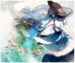  1girl arms_behind_back black_headwear blue_hair border chinese_commentary floating food fruit hat highres hinanawi_tenshi long_hair looking_back open_mouth peach puffy_short_sleeves puffy_sleeves rainbow_order red_eyes river shirt short_sleeves solo touhou white_border white_shirt zhixie_jiaobu 