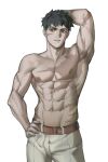  1boy abs aixiwuganda_(20222192) alchemy_stars arm_behind_head armpits bangs bara black_hair cowboy_shot hand_on_hip highres looking_at_viewer male_focus navel nipples pants pectorals pittman_(alchemy_stars) scar scar_on_cheek scar_on_chest scar_on_face short_hair solo stomach toned toned_male topless_male white_background white_pants 