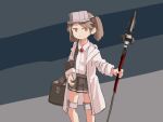  box brown_hair cowboy_shot dress_shirt english_commentary grey_skirt kantai_collection labcoat magatama one-hour_drawing_challenge orange_eyes pleated_skirt polearm ryuujou_(kancolle) shirt sixten skirt spear standing suspender_skirt suspenders twintails two-tone_background visor_cap weapon white_shirt 