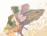  1girl antennae aqua_hair butterfly_wings closed_mouth cloud dress eternity_larva fairy feet_out_of_frame furahata_gen green_dress highres leaf leaf_on_head multicolored_clothes multicolored_dress short_hair single_strap smile solo touhou wings 
