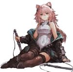  1girl absurdres animal_ears arknights bangs bare_shoulders brown_eyes earpiece eyebrows_visible_through_hair gravel_(arknights) highres holding holding_weapon jacket long_hair mouse_ears mouse_girl off_shoulder parted_lips pink_hair short_sword sitting sleeveless solo sword thighhighs weapon yanyan_(shinken_gomi) 