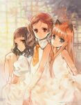  3girls animal_ears bangs blue_eyes brown_eyes brown_hair cat_ears collared_dress commentary dated dress ema_(shirotsume_souwa) english_commentary flat_chest hair_ribbon halterneck highres juliet_sleeves long_hair long_sleeves looking_at_viewer medium_hair multiple_girls necktie orange_hair orange_necktie oyari_ashito parted_bangs parted_lips puffy_sleeves redrawn ribbon sayu_(shirotsume_souwa) shirotsume_souwa signature sleeveless sleeveless_dress smile touka_(shirotsume_souwa) twintails wavy_hair white_dress white_ribbon 