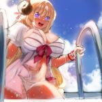  1girl :d bikini blonde_hair blue_sky blush bow bracelet breasts cleavage climbing_ladder curled_horns day highres hololive horns jewelry large_breasts long_hair navel open_mouth outdoors pool_ladder purple_eyes red_bow rye_(hyn_uka) sheep_horns sketch sky smile solo swimsuit tsunomaki_watame white_bikini 