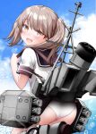  1girl accidental_exposure ass ayanami_(kancolle) ayanami_(kancolle)_(cosplay) black_sailor_collar black_skirt blue_sky brown_eyes brown_hair cloud commentary_request cosplay day fang from_behind highres kantai_collection kirigakure_(kirigakure_tantei_jimusho) looking_at_viewer machinery miniskirt panties ryuujou_(kancolle) sailor_collar skin_fang skirt skirt_caught_on_object sky smile smokestack solo torpedo_launcher underwear white_panties yellow_eyes 