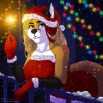  1:1 2021 absurd_res anthro big_breasts blonde_hair breasts canid canine christmas english_text female founntain_(character) fox hair hi_res holidays huge_breasts mammal new_year red_hair sevk signature smile snow snowing solo text winter 