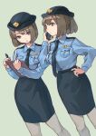  2girls alternate_costume black_necktie black_skirt blue_shirt brown_eyes brown_hair calling cellphone clipboard commentary_request commission cowboy_shot dutch_angle feet_out_of_frame female_service_cap grey_background grey_legwear holding holding_phone hyuuga_(kancolle) ise_(kancolle) kantai_collection mitsuyo_(mituyo324) multiple_girls necktie pantyhose pen pencil_skirt phone police police_uniform policewoman ponytail rope shirt short_hair simple_background skirt uniform 