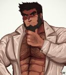  1boy abs arm_hair bara beard black_hair chest_hair collared_shirt commission facial_hair hairy highres large_pectorals male_focus mature_male mick_(baradetectives) muscular muscular_male navel_hair nipples open_clothes open_shirt original pectoral_cleavage pectorals ruslorc scar scar_on_face scar_on_nose shirt short_hair solo stomach stroking_beard thick_eyebrows upper_body 