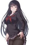  1girl bangs black_hair black_legwear black_serafuku blunt_bangs blush breasts highres kanoe_yuuko long_hair looking_at_viewer open_mouth panties panties_under_pantyhose pantyhose red_eyes ruberule school_uniform serafuku solo tasogare_otome_x_amnesia thighband_pantyhose transparent_background underwear 