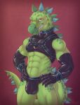  anthro bdsm bondage bound bulge clothing collar dinosaur dorje harness jockstrap latex male ornithischian pose reptile rykeus scalie solo stegosaurian stegosaurus thyreophoran underwear 