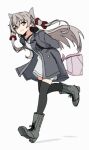  1girl amatsukaze_(kancolle) arms_behind_back bento boots coat commentary_request cross-laced_footwear dress full_body grey_background grey_coat grey_dress grey_footwear grey_legwear hair_tubes highres kantai_collection kazakura_(kazakura_js) lace-up_boots long_hair official_alternate_costume running silver_hair simple_background solo thighhighs two_side_up windsock 