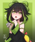  1girl absurdres artist_name black_hair blush bow clothing_request copyright_request food fruit green_background green_eyes heart heart-shaped_pupils highres holding lime_(fruit) lime_slice long_hair looking_at_viewer mikunekii open_mouth packet personification signature simple_background solo symbol-shaped_pupils teeth tongue 