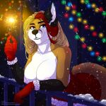  2021 absurd_res anthro big_breasts blonde_hair breasts canid canine christmas exposed_breasts female fox hair hi_res holidays huge_breasts mammal new_year nipples red_hair sevk signature smile snow snowing solo winter 