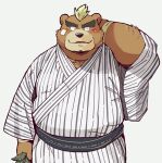  1boy animal_ears arm_behind_head ashigara_(housamo) bandaid bandaid_on_cheek bara bear_boy bear_ears belly blush brown_hair facial_hair fat fat_man furry furry_male garou-zuki goatee green_hair japanese_clothes kimono male_focus muscular muscular_male navel nipples short_hair smile solo striped thick_eyebrows tokyo_afterschool_summoners white_kimono 