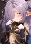  1girl absurdres armor blush breasts clothing_cutout gloves granblue_fantasy hair_ornament hair_over_one_eye harvin highres iwao_(pixiv258710) long_hair navel navel_cutout niyon_(granblue_fantasy) pointy_ears ponytail purple_hair red_eyes simple_background small_breasts solo sweat upper_body white_gloves 
