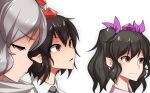  3girls angry bangs black_hair black_ribbon bow collared_shirt hair_bow hat highres himekaidou_hatate inubashiri_momiji multiple_girls necktie open_mouth pointy_ears purple_bow red_eyes ribbon shameimaru_aya shirt short_hair sidelocks silver_hair tengu tochinoko tokin_hat touhou turtleneck white_background white_hair white_shirt 