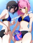  2girls absurdres adjusting_clothes adjusting_swimsuit antenna_hair arm_behind_back ball beach_volleyball bikini black_bikini black_eyes black_hair blonde_hair blue_bikini blue_sky collarbone cowboy_shot grin hair_intakes highres hiragana_(maru_kaku) holding holding_ball idolmaster idolmaster_(classic) idolmaster_million_live! kikuchi_makoto long_hair looking_at_viewer maihama_ayumu mismatched_bikini multicolored_hair multiple_girls pink_hair red_eyes short_hair sky smile sports_bikini standing swimsuit two-tone_hair v volleyball volleyball_net 