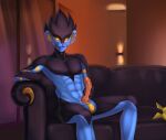  abs anthro balls big_balls curved_penis ear_piercing furniture genitals glowing glowing_eyes hi_res looking_at_viewer luxray male masturbation merore nintendo notched_ear nude penile_spines penis piercing pok&eacute;mon pok&eacute;mon_(species) sofa solo video_games voltaire_tonnerre 