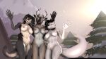  3d_(artwork) arctic_fox black_hair black_nose black_sclera canid canine canis capreoline casual_nudity cervid choker digital_media_(artwork) female fox fox_tail fur gesture group hair hi_res holding_each_other horn humanoid jewelry looking_at_viewer mammal mountain neck_tuft necklace nude outside petruz_(copyright) plant reindeer reindeer_(petruz) smile smiling_at_viewer snow snowing source_filmmaker tree tuft waving waving_at_viewer waving_hand white_body white_fur wolf wolf_(petruz) wolfikous yellow_eyes 