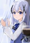  1girl absurdres bangs blue_bow blue_bowtie blue_eyes blue_vest blurry blurry_foreground blush bow bowtie collared_shirt curtain_grab curtains eyebrows_visible_through_hair gochuumon_wa_usagi_desu_ka? hair_between_eyes hair_ornament highres indoors kafuu_chino long_hair long_sleeves melerdon open_mouth percolator rabbit_house_uniform shiny shiny_hair shirt silver_hair solo straight_hair upper_body very_long_hair vest white_shirt wing_collar x_hair_ornament 