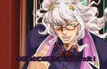  1girl :d animal_ears character_request glasses hair_ornament hand_up horse_ears jojo_no_kimyou_na_bouken looking_at_viewer open_mouth parody red-framed_eyewear ruukii_drift semi-rimless_eyewear smile solo translation_request umamusume under-rim_eyewear white_hair yellow_eyes 