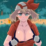  1girl absurdres bandana bangs blue_eyes blush breasts brown_hair cleavage collarbone collared_shirt eyebrows_visible_through_hair eyelashes forest gloves highres large_breasts may_(pokemon) nature open_collar outdoors pokemon red_uniform shirt signature sportswear sweat trashpcs undressing unzipping 