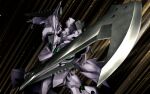  artist_request black_background game_cg holding holding_sword holding_weapon mecha motion_lines muvluv muvluv_alternative muvluv_unlimited:_the_day_after no_humans official_art open_hand rafale_(muvluv) science_fiction solo sword tactical_surface_fighter weapon 