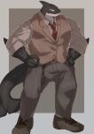  1boy absurdres bara between_pectorals brown_vest fish_boy fish_tail formal full_body furry furry_male grey_pants hands_on_hips highres large_pectorals looking_to_the_side male_focus muri_(43848994) muscular muscular_male necktie necktie_between_pectorals no_eyes orca orca_boy original pants pectorals red_necktie scales sleeves_rolled_up solo standing tail vest 