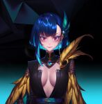  1girl asymmetrical_bangs bangs blue_hair breasts cleavage closed_mouth eyelashes highres looking_at_viewer makeup mascara medium_breasts mole mole_under_eye original red_eyes regition shiny shiny_hair short_hair_with_long_locks sidelocks smile solo upper_body v-shaped_eyebrows yellow_feathers 