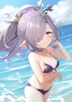  1girl absurdres bikini blue_sky breasts closed_mouth cloud collarbone cowboy_shot day granblue_fantasy hair_ornament hair_over_one_eye halter_top halterneck harvin highres iwao_(pixiv258710) long_hair looking_at_viewer navel niyon_(granblue_fantasy) ocean outdoors pointy_ears ponytail purple_bikini purple_hair red_eyes sky small_breasts solo summer swimsuit 