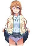  1girl absurdres breasts brown_hair clothes_lift collared_shirt green_neckwear grey_skirt highres jacket konoe_kanata large_breasts lifted_by_self long_hair long_sleeves love_live! love_live!_nijigasaki_high_school_idol_club nijigasaki_academy_uniform nosa orange_hair panties plaid plaid_skirt pleated_skirt purple_eyes shirt skirt skirt_lift solo underwear wavy_hair white_shirt yellow_jacket 