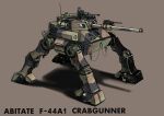  abitate_f44a_crab_gunner blackmore_rainbow brown_background camouflage character_name gun highres mecha no_humans shadow standing taiyou_no_kiba_dougram weapon 