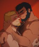  2boys arm_hair bara beard black_hair blonde_hair blush chest_hair commission couple dark-skinned_male dark_skin eye_contact facial_hair from_side goatee hairy half-closed_eyes hand_on_another&#039;s_neck highres interracial large_pectorals looking_at_another male_focus mature_male mick_(baradetectives) multiple_boys muscular muscular_male original pectorals ruslorc scar scar_on_face scar_on_nose short_hair stubble thick_eyebrows upper_body yaoi 