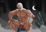  1boy abs bara beard cerberus_arts facial_hair feet_out_of_frame hogen_(housamo) horns large_pectorals large_penis looking_at_viewer male_focus mature_male moon muscular muscular_male nipples old old_man pectorals penis single_horn sitting smile solo sweat tokyo_afterschool_summoners towel uncensored yellow_eyes 