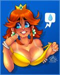  1girl absurdres ahegao awkward blue_background blue_eyes bracelet breasts brown_hair cleavage crown daisy dripping earrings embarrassed eyebrows_visible_through_hair eyelashes fanning_self fingernails flower glance heart heart-shaped_pupils highres hot jewelry large_breasts lips looking_away mario mario_(series) obsqured princess_daisy shadow shiny shiny_hair shoulders signature simple_background smile speech_bubble strap_pull super_mario_bros. sweat sweatdrop symbol-shaped_pupils tan tanlines teeth tomboy white_nails 