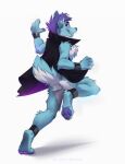  2021 4_toes 5_fingers anthro blue_body blue_fur canid canine clothed clothing digital_media_(artwork) feet fingers fur hi_res koul looking_at_viewer male mammal pawpads puprle_hair purple_eyes purple_pawpads simple_background smile solo toes white_background 