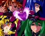  5girls :d bad_end_beauty bad_end_happy bad_end_march bad_end_peace bad_end_precure bad_end_sunny black_bodysuit black_gloves blonde_hair blue_eyes blue_eyeshadow blue_hair bodysuit colored_tongue earrings evil_smile eyeshadow fingerless_gloves gloves green_eyes green_eyeshadow green_hair grin hair_ornament heart highres jewelry legs_apart lightning long_hair looking_at_viewer looking_to_the_side makeup multiple_girls orange_eyes orange_eyeshadow orange_hair outstretched_arms pink_eyes pink_eyeshadow pink_hair pink_skirt precure profile skirt smile smile_precure! soboro_(jitome_dan) tongue tongue_out v yellow_eyes yellow_eyeshadow yellow_tongue 