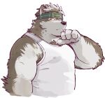  1boy ainu_clothes alternate_costume alternate_pectoral_size animal_ears bara bare_arms belly casual chest_hair covered_nipples cropped_torso fat fat_man furry furry_male garou-zuki grey_fur grey_hair headband horkeu_kamui looking_at_viewer male_focus multicolored_hair muscular muscular_male short_hair solo tank_top tokyo_afterschool_summoners two-tone_fur two-tone_hair white_fur white_tank_top wind wolf_boy wolf_ears yellow_eyes 