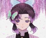  1girl black_hair blurry blurry_background butterfly_hair_ornament butterfly_on_head closed_mouth dbals0807 flower hair_intakes hair_ornament highres kimetsu_no_yaiba kochou_shinobu multicolored_hair portrait purple_eyes purple_hair short_hair sidelocks smile solo two-tone_hair wisteria 