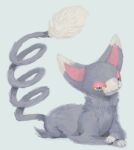  :3 blue_eyes cat closed_mouth colored_sclera commentary_request dated glameow grey_background grey_fur looking_at_viewer lying no_humans on_stomach pokemon pokemon_(creature) ponimu smile solo twitter_username yellow_sclera 