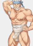  1boy abs armpit_hair bara beard bulge cerberus_arts collarbone covered_abs covered_navel cowboy_shot facial_hair fundoshi granblue_fantasy headband japanese_clothes large_pectorals male_focus male_underwear mature_male midriff_sarashi muscular muscular_male mustache nipples old old_man pectorals sarashi scar solo soriz thick_thighs thighs topless_male underwear white_male_underwear 