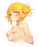  1girl bags_under_eyes bangs blonde_hair blunt_bangs blush boku_no_hero_academia breasts closed_mouth completely_nude cropped_torso double_bun hair_up hands_on_own_chest highres looking_at_viewer messy_hair narrowed_eyes nipples nude rasusurasu short_hair sidelocks simple_background slit_pupils small_breasts solo toga_himiko upper_body white_background yellow_eyes 