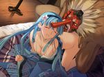  barefoot blue_hair bottomless doggystyle eyes_closed feet from_behind hairband japanese_clothes kimono long_hair mask rance_(series) rape sengoku_rance sex tengu tengu_mask yuki_hime 