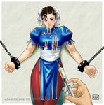  1girl azasuke bracelet capcom chained chains chun-li cum double_bun double_buns facial highres jewelry spiked_bracelet spikes street_fighter torn_clothes 