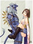  1girl ahegao ass azasuke bestiality breasts clothed_sex cum cum_on_body cum_on_lower_body cum_on_pussy facial final_fantasy final_fantasy_x fucked_silly held_up highres kimahri_ronso monster sex vaginal yuna 
