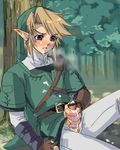  1boy blonde_hair blush censored cum forest handjob link lowres male male_focus masturbate masturbation nature nintendo outdoors outside penis piercing pointless_censoring pointy_ears solo the_legend_of_zelda wood 