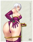  1girl armor ass ass_grab azasuke bare_shoulders blue_eyes breasts cameltoe clenched_teeth elbow_gloves female from_behind gauntlet gauntlets gloves groping hair_over_one_eye highres isabella_valentine leaning_forward looking_back short_hair solo soul_calibur soulcalibur_ii standing teeth white_hair 