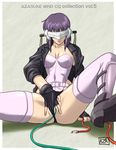  1girl azasuke belt boots breasts cable cleavage fingering fingerless_gloves ghost_in_the_shell ghost_in_the_shell_stand_alone_complex gloves hand_in_panties head_mounted_display highres jacket kusanagi_motoko leotard masturbation open_clothes open_jacket panties partially_visible_vulva purple_hair purple_legwear pussy_juice short_hair sitting solo spread_legs thighhighs uncensored underwear visor 