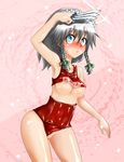  alternate_color_school_swimsuit blue_eyes blush braid breasts face harusame_(unmei_no_ikasumi) highres izayoi_sakuya knife maid maid_headdress medium_breasts name_tag nipples pussy red_swimsuit school_swimsuit short_hair silver_hair solo swimsuit swimsuit_aside touhou twin_braids undersized_clothes 