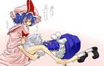  barefoot blood blue_hair blush feet hat izayoi_sakuya jin_kashiwagi multiple_girls nosebleed remilia_scarlet short_hair silver_hair tears toe_scrunch touhou yuri 