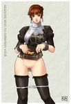  1girl alternate_costume azasuke black_dress black_legwear black_thighhighs brown_eyes brown_hair censored chai_xianghua china_dress chinadress chinese_clothes dress dress_lift earrings highres jewelry panties panty_pull pussy shaved_pussy short_hair solo soul_calibur soulcalibur_ii standing thighhighs underwear white_panties xianghua zettai_ryouiki 